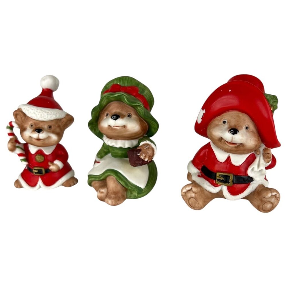 1980s Homco Christmas Bear Figurine‎ Family Set Of 3 Poppa Momma Baby #5600 VTG
